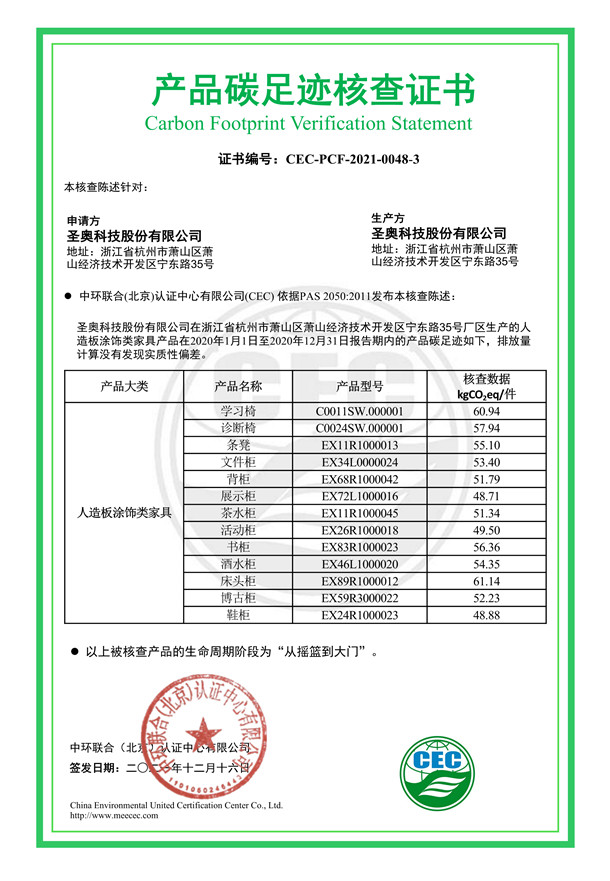 圣奥科技股份有限公司产品碳足迹核查证书-CEC-PCF-2021-0048-3-人造板涂饰类家具