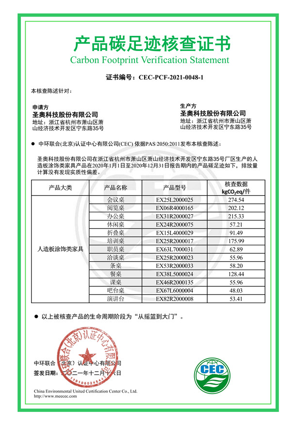 圣奥科技股份有限公司产品碳足迹核查证书-CEC-PCF-2021-0048-1-人造板涂饰类家具