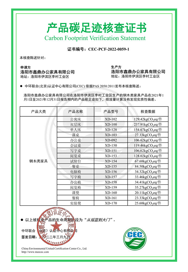 洛阳市鑫鼎办公家具有限公司-CEC-PCF-2022-0059-1-钢木类家具