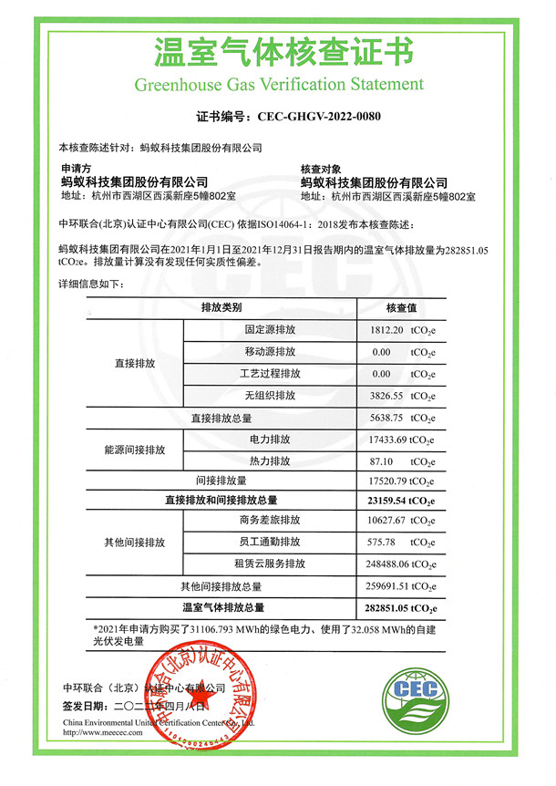 蚂蚁科技集团股份有限公司-CEC-GHGV-2022-0080-温室气体核查证书